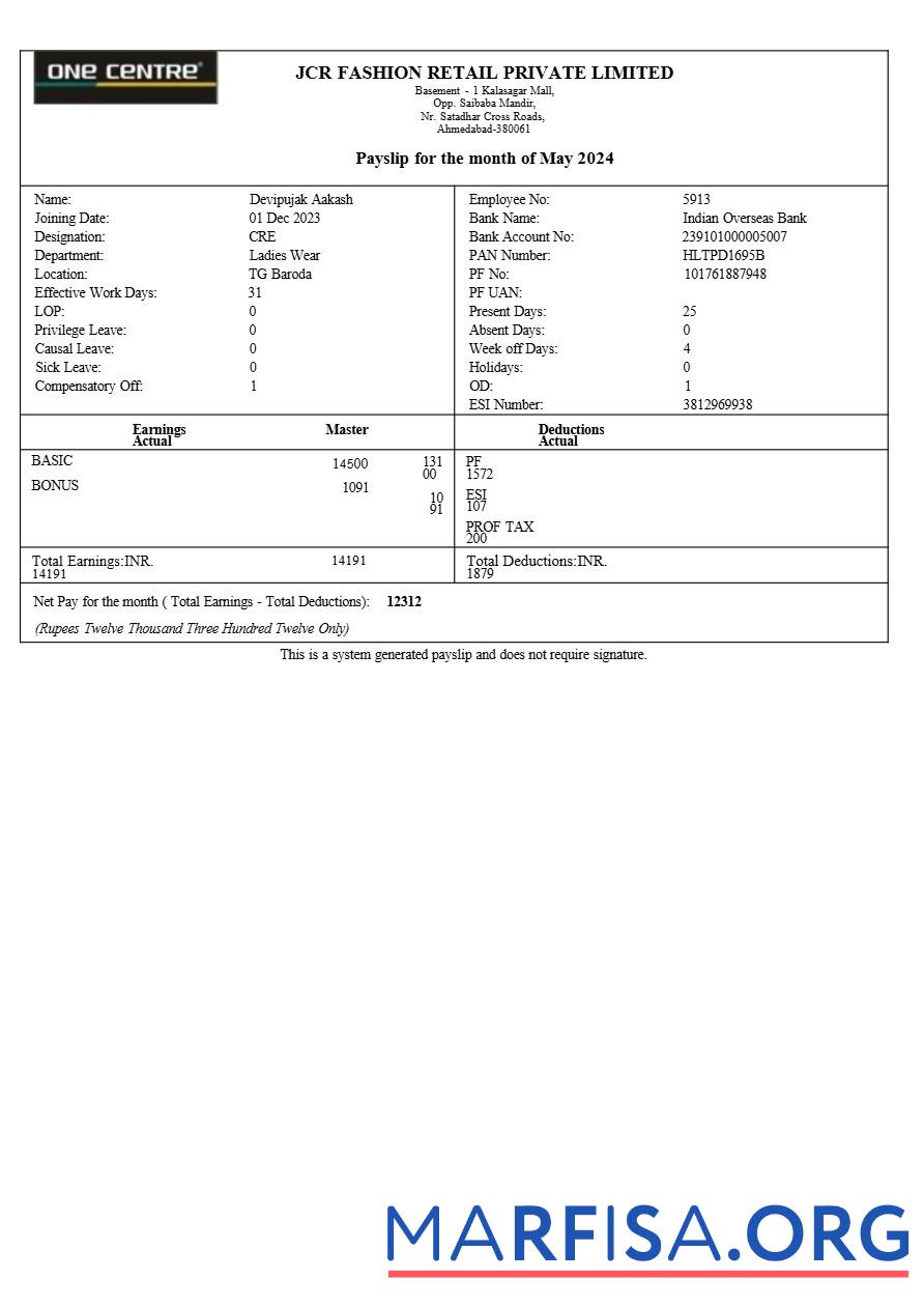 Realistic JCR Fashion Retail payslip example